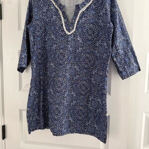 Lucky Brand swim cover up Blue Printed Women's Tunic Top with V-Neck Trim